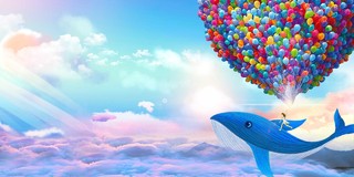 复学蓝天白云气球鲸鱼插画开学季海报蓝色背景素材